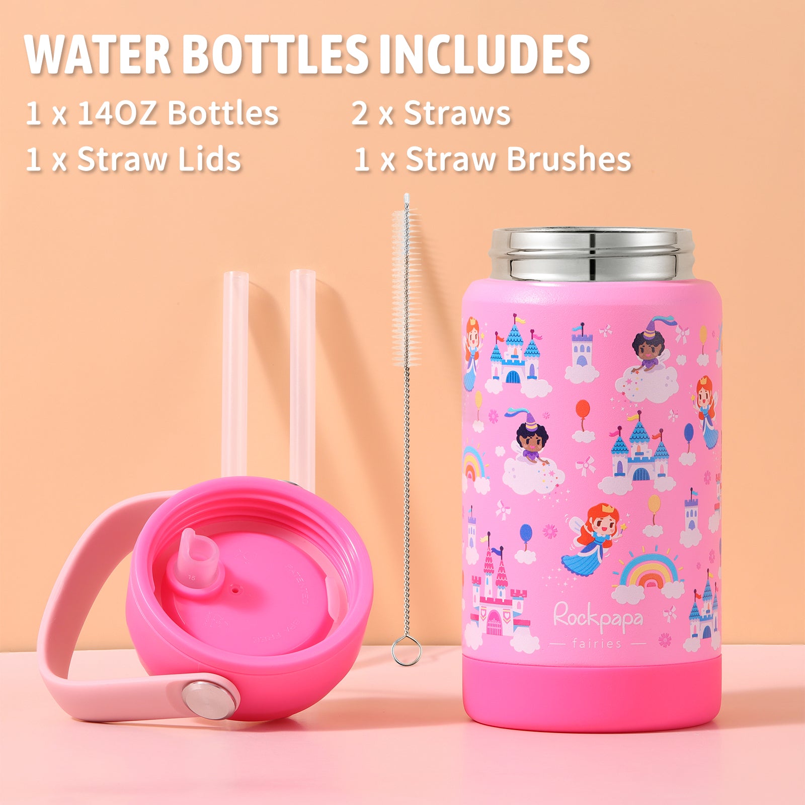 rockpapa 5 Compartment Bento Lunch Box for Kids with Uensils & Insulated Water Bottle & Lunch Bag with Strap, BPA-Free Lunch box Containers Set for School Boys Girls Ages 3+ (Pink Fairies)