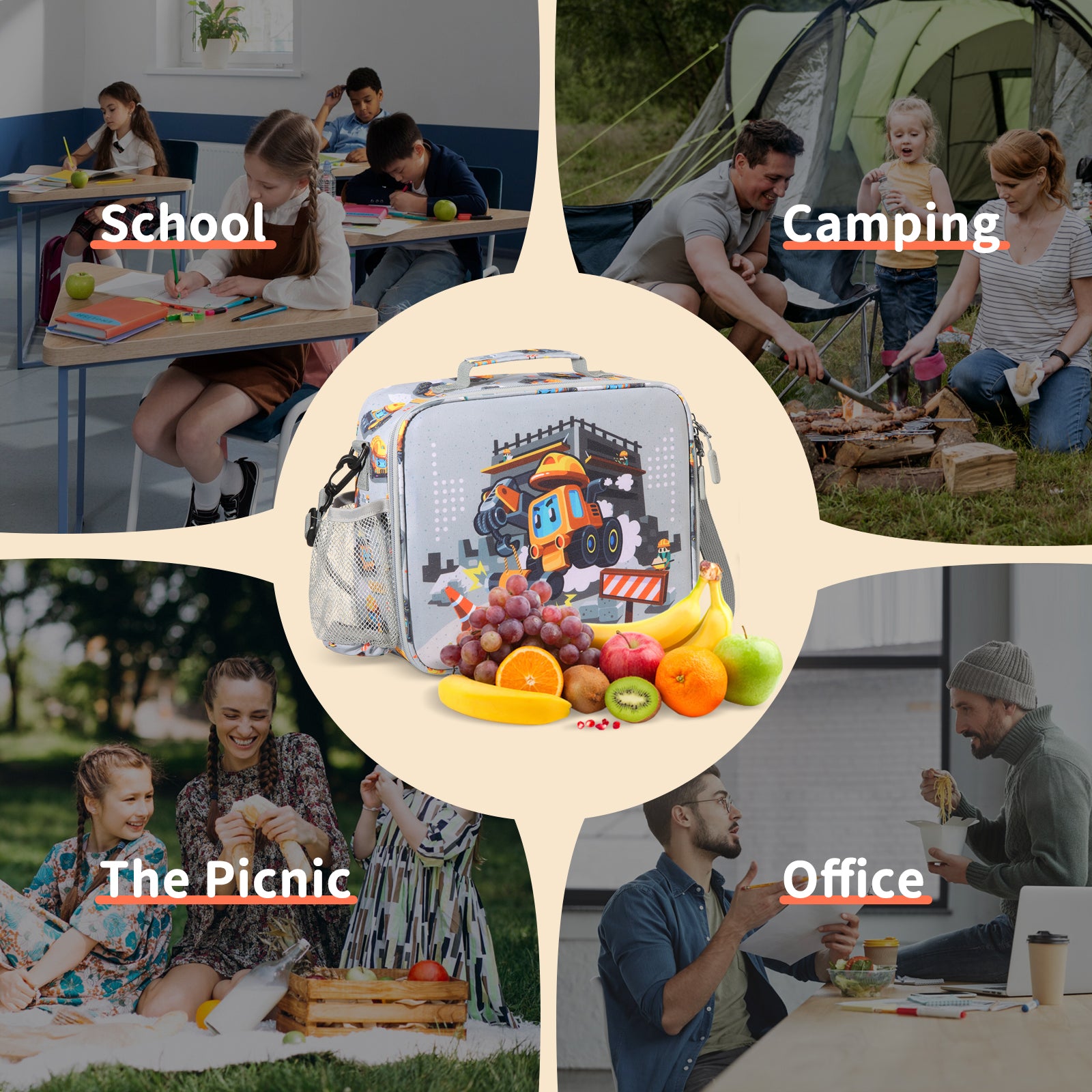 rockpapa Kids Lunch Bag for Kids with Strap, Waterproof, Stain & Oil-Resistant, Insulated LunchBag, Reusable Lunch Tote Bag Holds Lunch Box, Water Bottle & Snacks for School (Grey Constr Trucks)