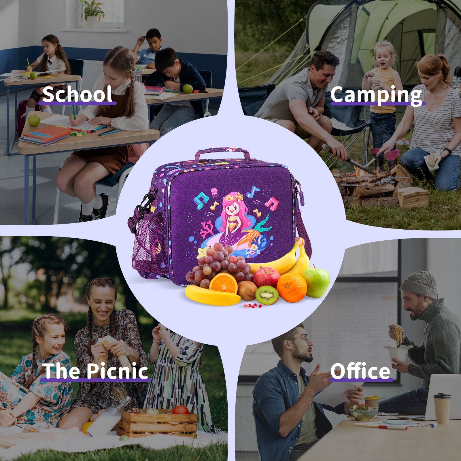 rockpapa Kids Lunch Bag for Kids with Strap, Waterproof, Stain & Oil-Resistant, Insulated LunchBag, Reusable Lunch Tote Bag Holds Lunch Box, Water Bottle & Snacks for School (Purple Mermaid)