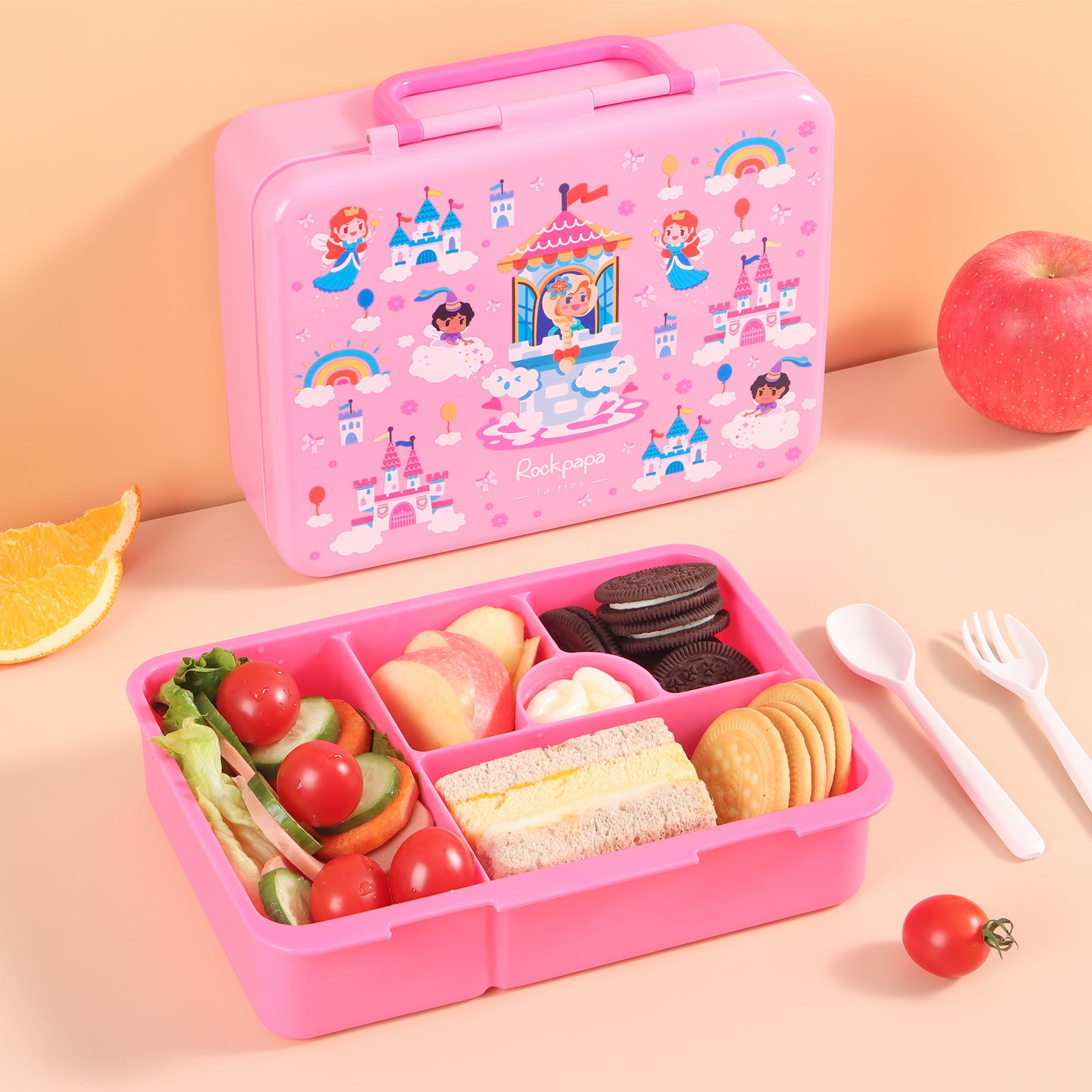 rockpapa 5 Compartment Bento Lunch Box for Kids, Leak Proof, Dishwasher Safe, BPA Free Materials, 47oz Snack Bento Box with Utensils & Handle for Boys Girls Ages 3+ (Pink Fairies)