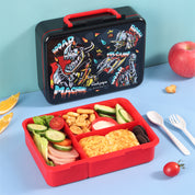 rockpapa 5 Compartment Bento Lunch Box for Kids, Leak Proof, Dishwasher Safe, BPA Free Materials, 47oz Snack Bento Box with Utensils & Handle for Boys Girls Ages 3+ (Black Dinosaur)