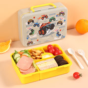 rockpapa 5 Compartment Bento Lunch Box for Kids, Leak Proof, Dishwasher Safe, BPA Free Materials, 47oz Snack Bento Box with Utensils & Handle for Boys Girls Ages 3+ (Grey Trucks)