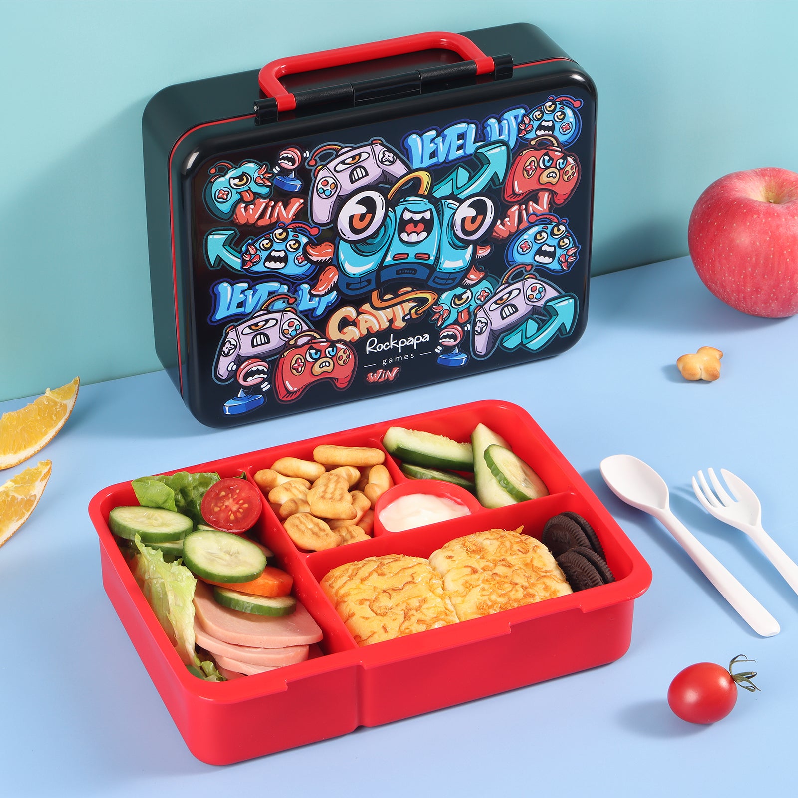 rockpapa 5 Compartment Bento Lunch Box for Kids with Uensils & Insulated Water Bottle & Lunch Bag with Strap, BPA-Free Lunch box Containers Set for School Boys Girls Ages 3+ (Black Games)