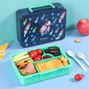 rockpapa 5 Compartment Bento Lunch Box for Kids, Leak Proof, Dishwasher Safe, BPA Free Materials, 47oz Snack Bento Box with Utensils & Handle for Boys Girls Ages 3+ (Blue Rocket)