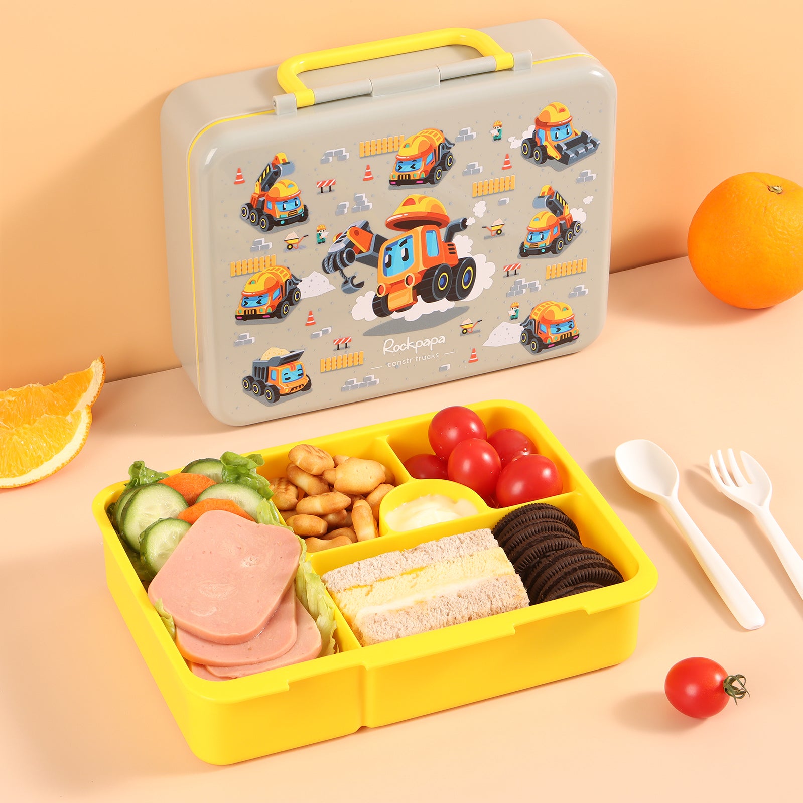 rockpapa 5 Compartment Bento Lunch Box for Kids with Uensils & Insulated Water Bottle & Lunch Bag with Strap, BPA-Free Lunch box Containers Set for School Boys Girls Ages 3+ (Grey Constr Trucks)