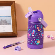 rockpapa Kids Insulated Water Bottle with Straw, BPA-Free, 18/8 Stainless Steel, Leak Proof, 14OZ Metal Cup Water Bottle for School Boys Girls (Purple Mermaid)