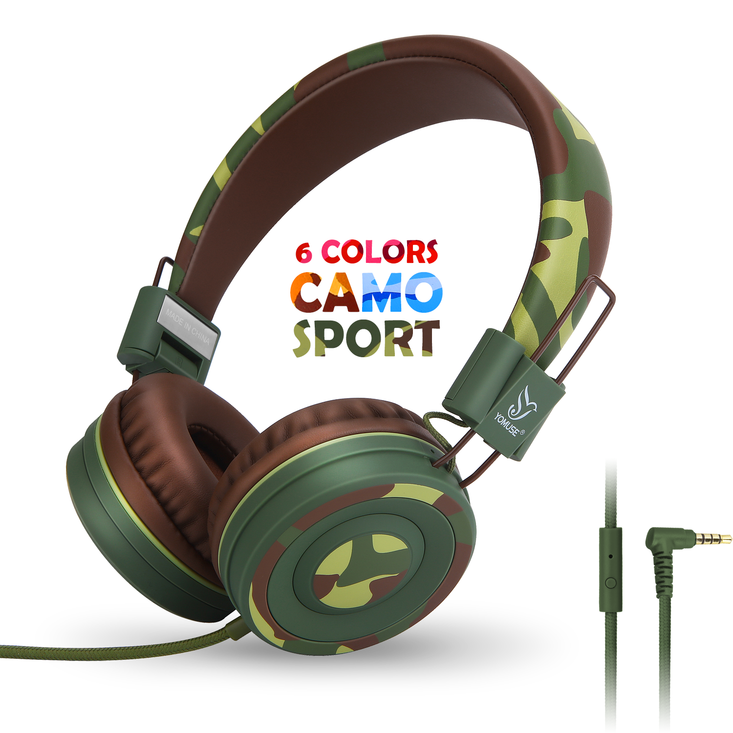Yomuse Camo Foldable Wired Headphones with Microphone for Kids